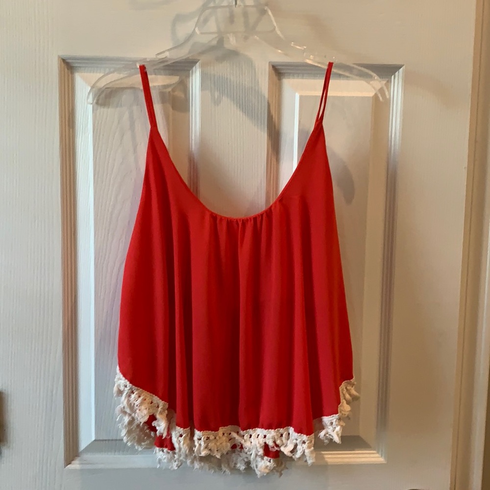 Red Macrame Trim Flowy Crop Top